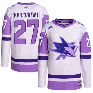 Authentic Adidas Adult Bryan Marchment White/Purple Hockey Fights Cancer Primegreen Jersey - NHL San Jose Sharks