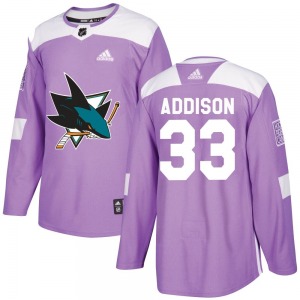 Authentic Adidas Youth Calen Addison Purple Hockey Fights Cancer Jersey - NHL San Jose Sharks