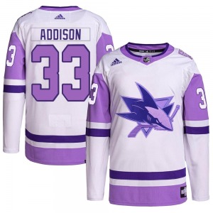 Authentic Adidas Youth Calen Addison White/Purple Hockey Fights Cancer Primegreen Jersey - NHL San Jose Sharks