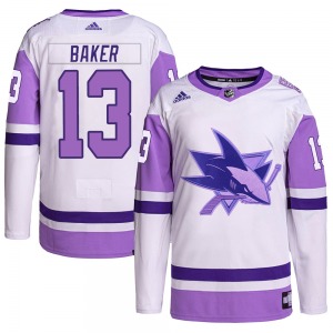 Authentic Adidas Youth Jamie Baker White/Purple Hockey Fights Cancer Primegreen Jersey - NHL San Jose Sharks