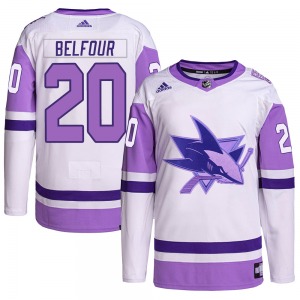 Authentic Adidas Youth Ed Belfour White/Purple Hockey Fights Cancer Primegreen Jersey - NHL San Jose Sharks