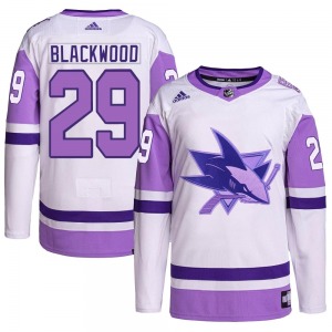 Authentic Adidas Youth Mackenzie Blackwood White/Purple Hockey Fights Cancer Primegreen Jersey - NHL San Jose Sharks