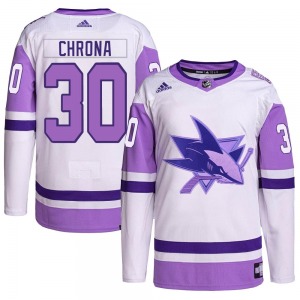 Authentic Adidas Youth Magnus Chrona White/Purple Hockey Fights Cancer Primegreen Jersey - NHL San Jose Sharks