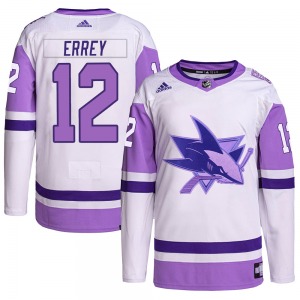 Authentic Adidas Youth Bob Errey White/Purple Hockey Fights Cancer Primegreen Jersey - NHL San Jose Sharks
