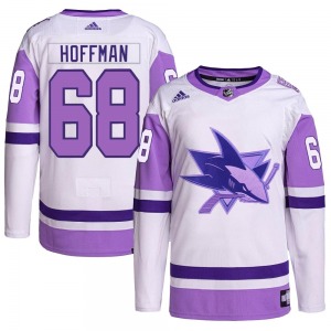 Authentic Adidas Youth Mike Hoffman White/Purple Hockey Fights Cancer Primegreen Jersey - NHL San Jose Sharks