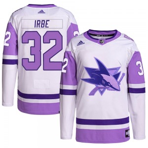 Authentic Adidas Youth Arturs Irbe White/Purple Hockey Fights Cancer Primegreen Jersey - NHL San Jose Sharks