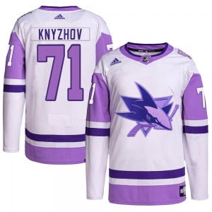 Authentic Adidas Youth Nikolai Knyzhov White/Purple Hockey Fights Cancer Primegreen Jersey - NHL San Jose Sharks