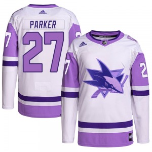 Authentic Adidas Youth Scott Parker White/Purple Hockey Fights Cancer Primegreen Jersey - NHL San Jose Sharks