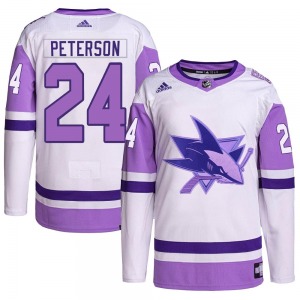 Authentic Adidas Youth Jacob Peterson White/Purple Hockey Fights Cancer Primegreen Jersey - NHL San Jose Sharks
