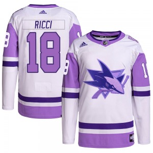 Authentic Adidas Youth Mike Ricci White/Purple Hockey Fights Cancer Primegreen Jersey - NHL San Jose Sharks