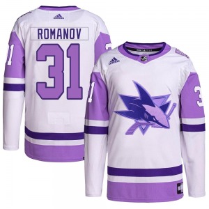 Authentic Adidas Youth Georgi Romanov White/Purple Hockey Fights Cancer Primegreen Jersey - NHL San Jose Sharks