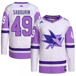 Authentic Adidas Youth Scott Sabourin White/Purple Hockey Fights Cancer Primegreen Jersey - NHL San Jose Sharks