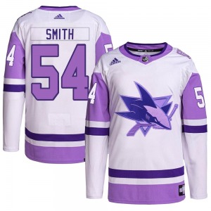 Authentic Adidas Youth Givani Smith White/Purple Hockey Fights Cancer Primegreen Jersey - NHL San Jose Sharks