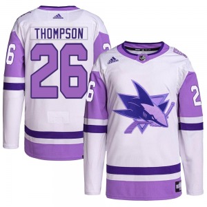 Authentic Adidas Youth Jack Thompson White/Purple Hockey Fights Cancer Primegreen Jersey - NHL San Jose Sharks