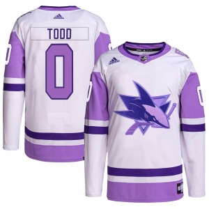 Authentic Adidas Youth Nathan Todd White/Purple Hockey Fights Cancer Primegreen Jersey - NHL San Jose Sharks