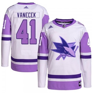 Authentic Adidas Youth Vitek Vanecek White/Purple Hockey Fights Cancer Primegreen Jersey - NHL San Jose Sharks