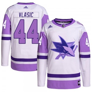 Authentic Adidas Youth Marc-Edouard Vlasic White/Purple Hockey Fights Cancer Primegreen Jersey - NHL San Jose Sharks