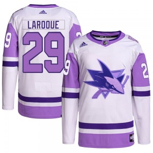 Authentic Adidas Adult Gannon Laroque White/Purple Hockey Fights Cancer Primegreen Jersey - NHL San Jose Sharks