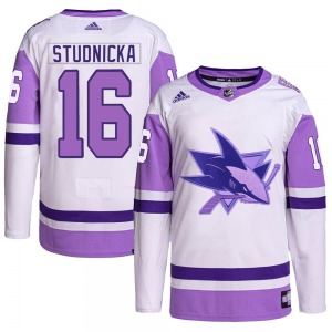 Authentic Adidas Adult Jack Studnicka White/Purple Hockey Fights Cancer Primegreen Jersey - NHL San Jose Sharks