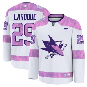 Premium Fanatics Adult Gannon Laroque White 2024 Hockey Fights Cancer Practice Jersey - NHL San Jose Sharks