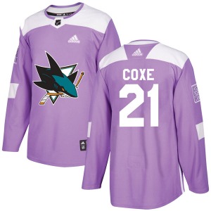Authentic Adidas Youth Craig Coxe Purple Hockey Fights Cancer Jersey - NHL San Jose Sharks