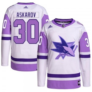 Authentic Adidas Youth Yaroslav Askarov White/Purple Hockey Fights Cancer Primegreen Jersey - NHL San Jose Sharks