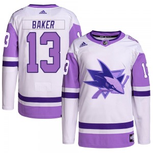 Authentic Adidas Youth Jamie Baker White/Purple Hockey Fights Cancer Primegreen Jersey - NHL San Jose Sharks