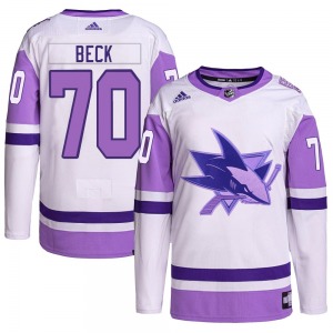 Authentic Adidas Youth Noah Beck White/Purple Hockey Fights Cancer Primegreen Jersey - NHL San Jose Sharks