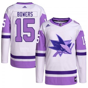 Authentic Adidas Youth Shane Bowers White/Purple Hockey Fights Cancer Primegreen Jersey - NHL San Jose Sharks