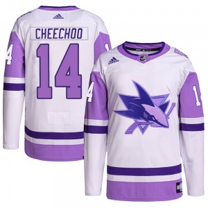 Authentic Adidas Youth Jonathan Cheechoo White/Purple Hockey Fights Cancer Primegreen Jersey - NHL San Jose Sharks