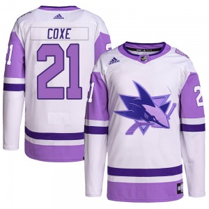 Authentic Adidas Youth Craig Coxe White/Purple Hockey Fights Cancer Primegreen Jersey - NHL San Jose Sharks