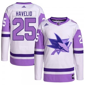 Authentic Adidas Youth Mattias Havelid White/Purple Hockey Fights Cancer Primegreen Jersey - NHL San Jose Sharks