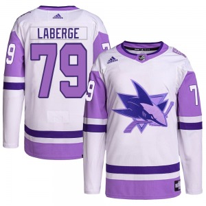 Authentic Adidas Youth Samuel Laberge White/Purple Hockey Fights Cancer Primegreen Jersey - NHL San Jose Sharks