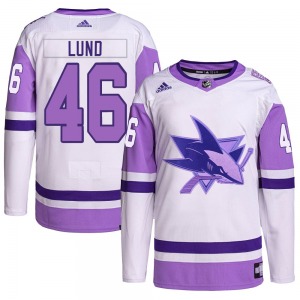 Authentic Adidas Youth Cam Lund White/Purple Hockey Fights Cancer Primegreen Jersey - NHL San Jose Sharks