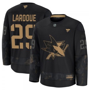Premium Fanatics Adult Gannon Laroque Black 2024 Military Appreciation Practice Jersey - NHL San Jose Sharks