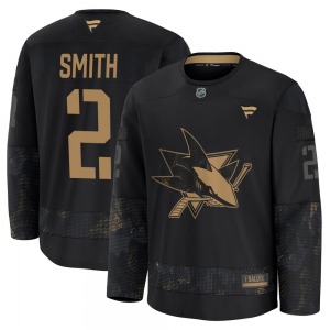 Premium Fanatics Adult Will Smith Black 2024 Military Appreciation Practice Jersey - NHL San Jose Sharks